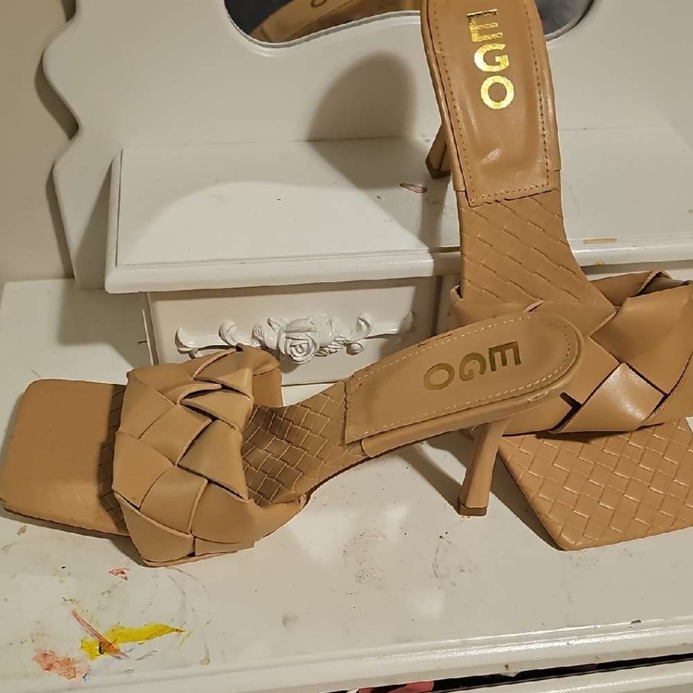 EGO Tan Woven Square-Toe Heeled Mules